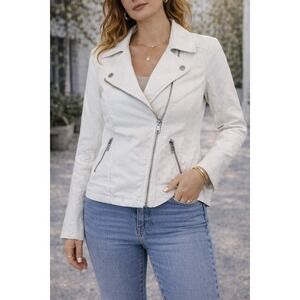 Level 99 Womens White Linen Blend Moto Jacket Quilted Shoulder XS